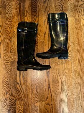 Ralph Lauren Blue Plaid Tall Rain Boots with Buckle